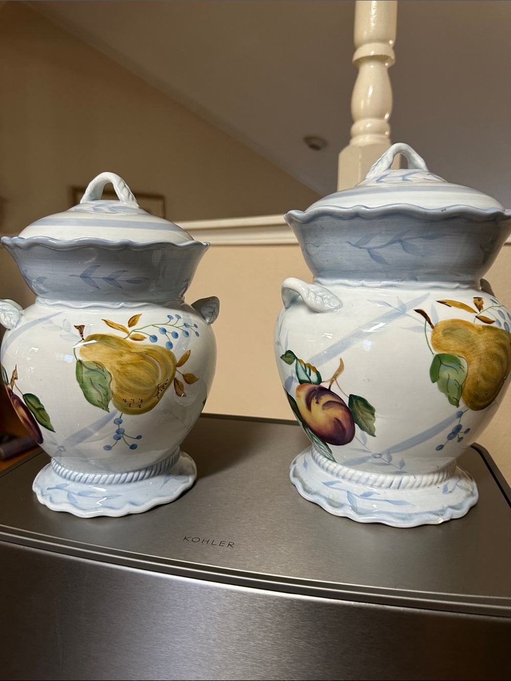 Hand-Painted Ceramic Fruit Ginger Jar with Lid - Blue and White